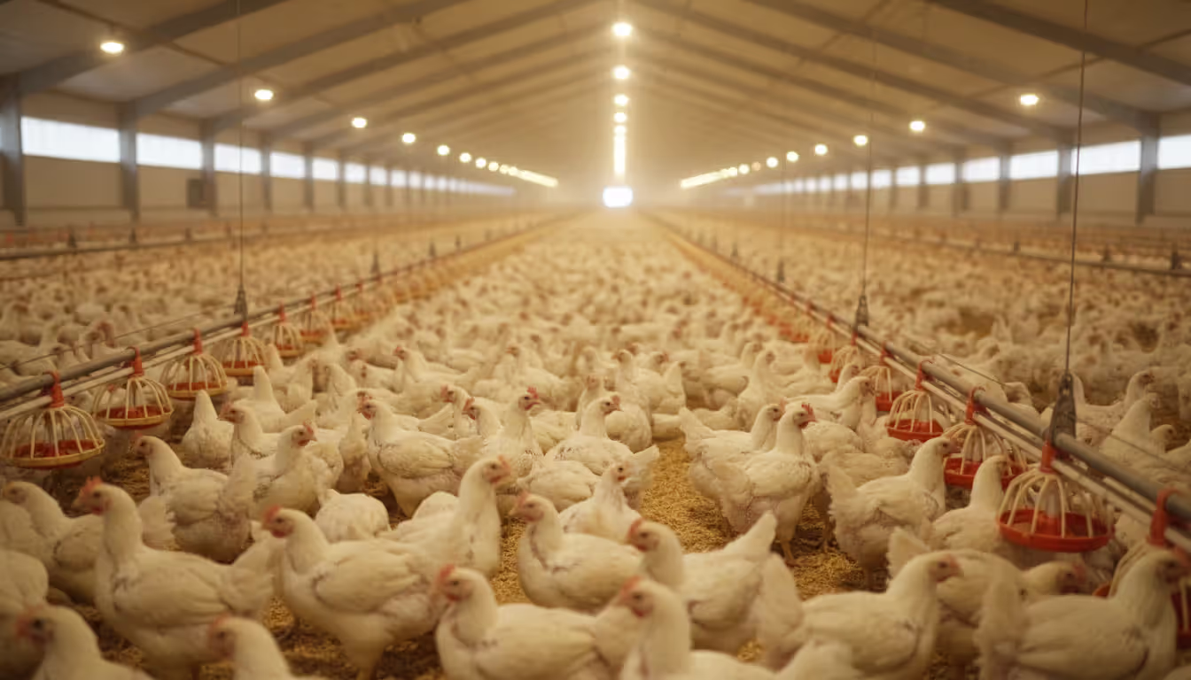Interior of a crowded industrial chicken house with thousands of white broiler chickens on litter floor under dim artificial lighting