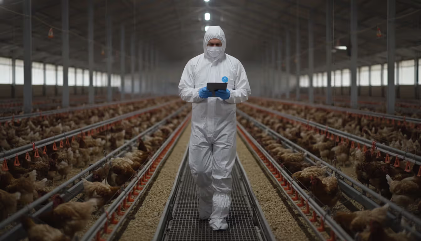 Inspector in protective clothing holding a clipboard walking through a poultry barn aisle during a facility compliance inspection
