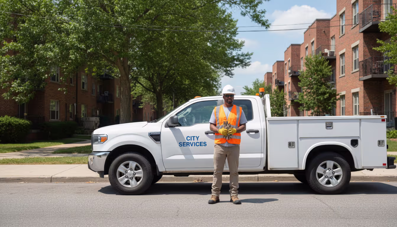 Municipal public works worker in orange vest standing next to a white service truck on a suburban street shoulder during daytime