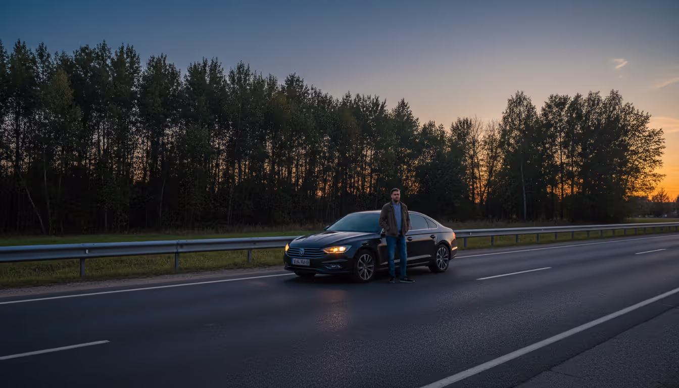 Driver standing beside a parked car with hazard lights on at a two-lane suburban road shoulder during evening light