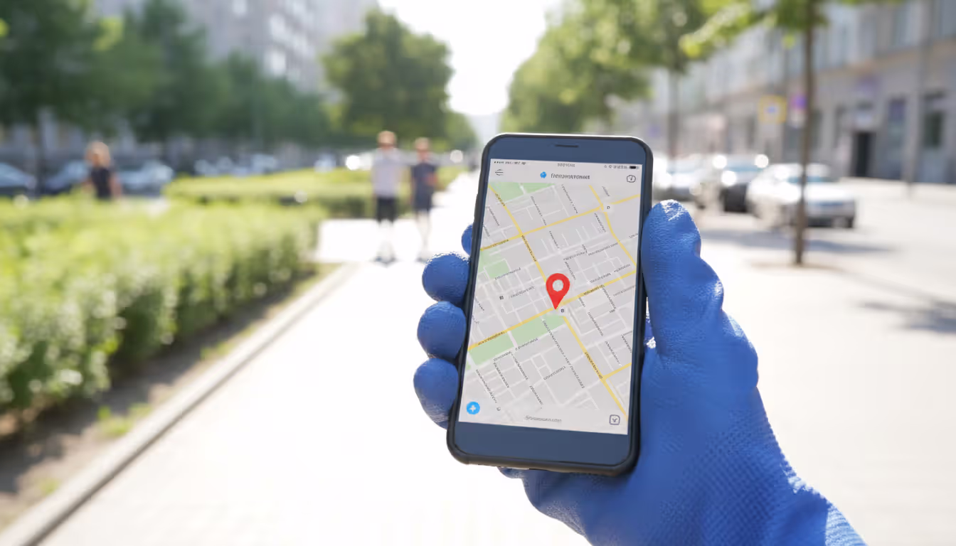 Hand in blue protective glove holding a smartphone showing a map with a pinned location, blurred city street in background