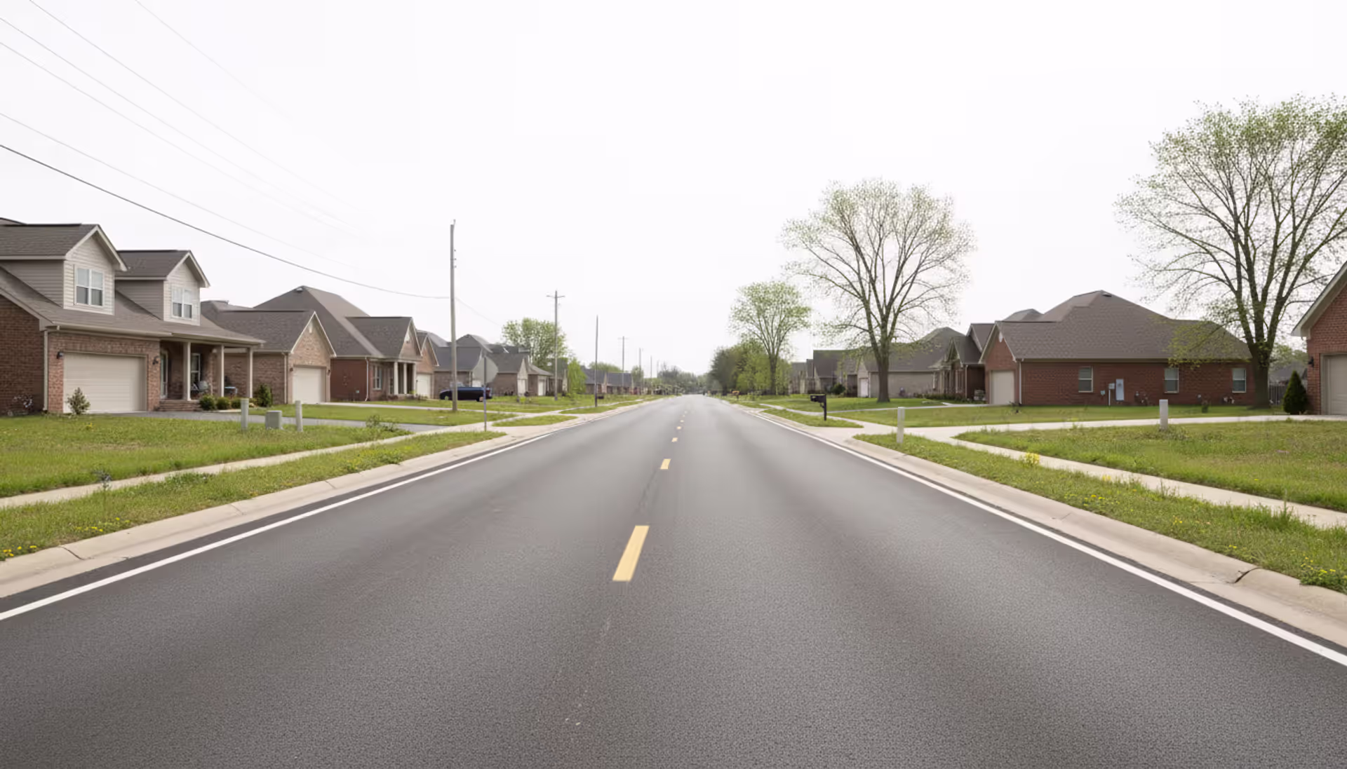 Empty suburban road with lane markings, green grass shoulder, and residential houses in the background on a clear day