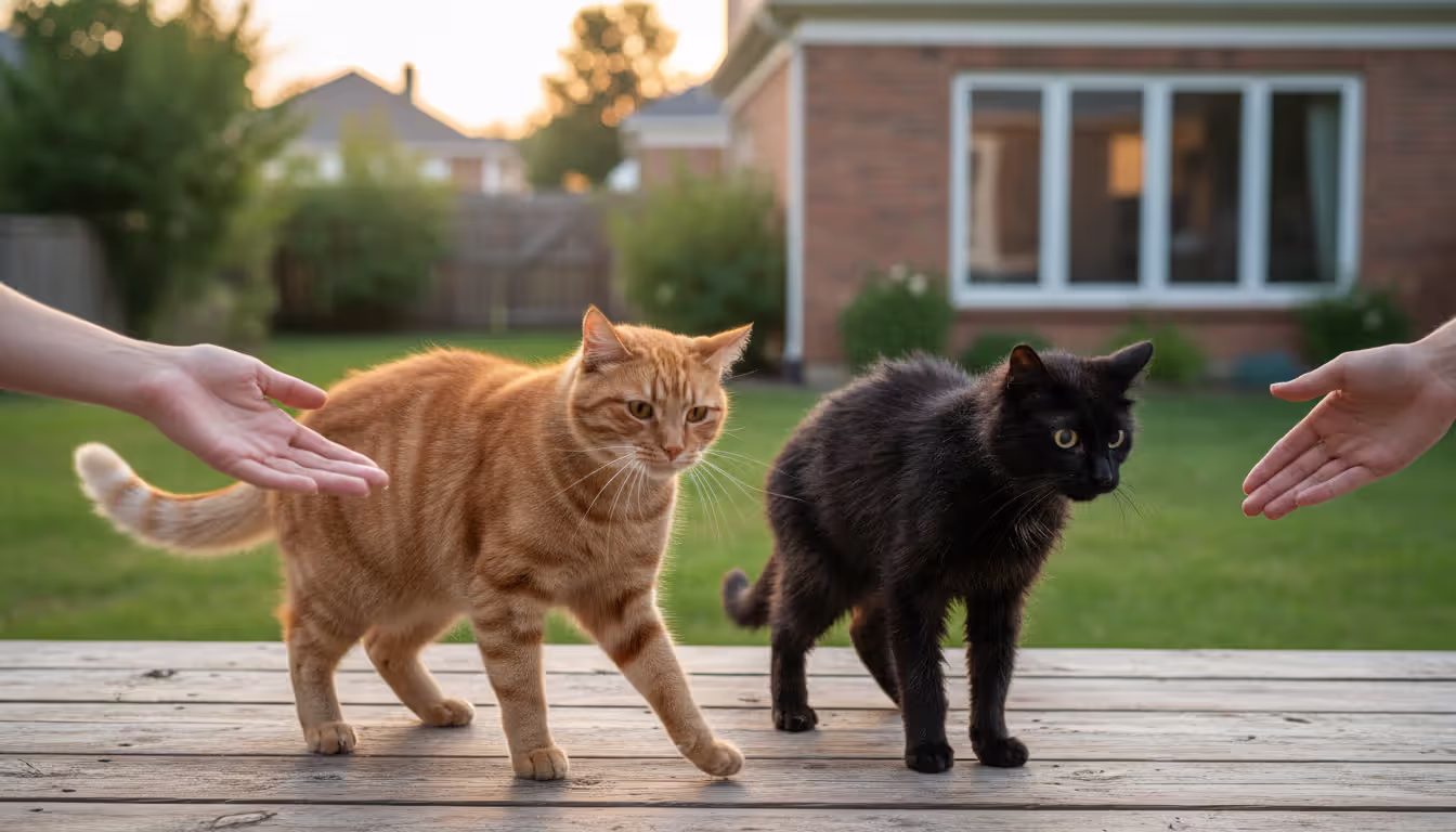 Side-by-side comparison of a friendly stray cat reaching toward a human hand and a tense feral cat with flattened ears backing away from a hand in a residential yard