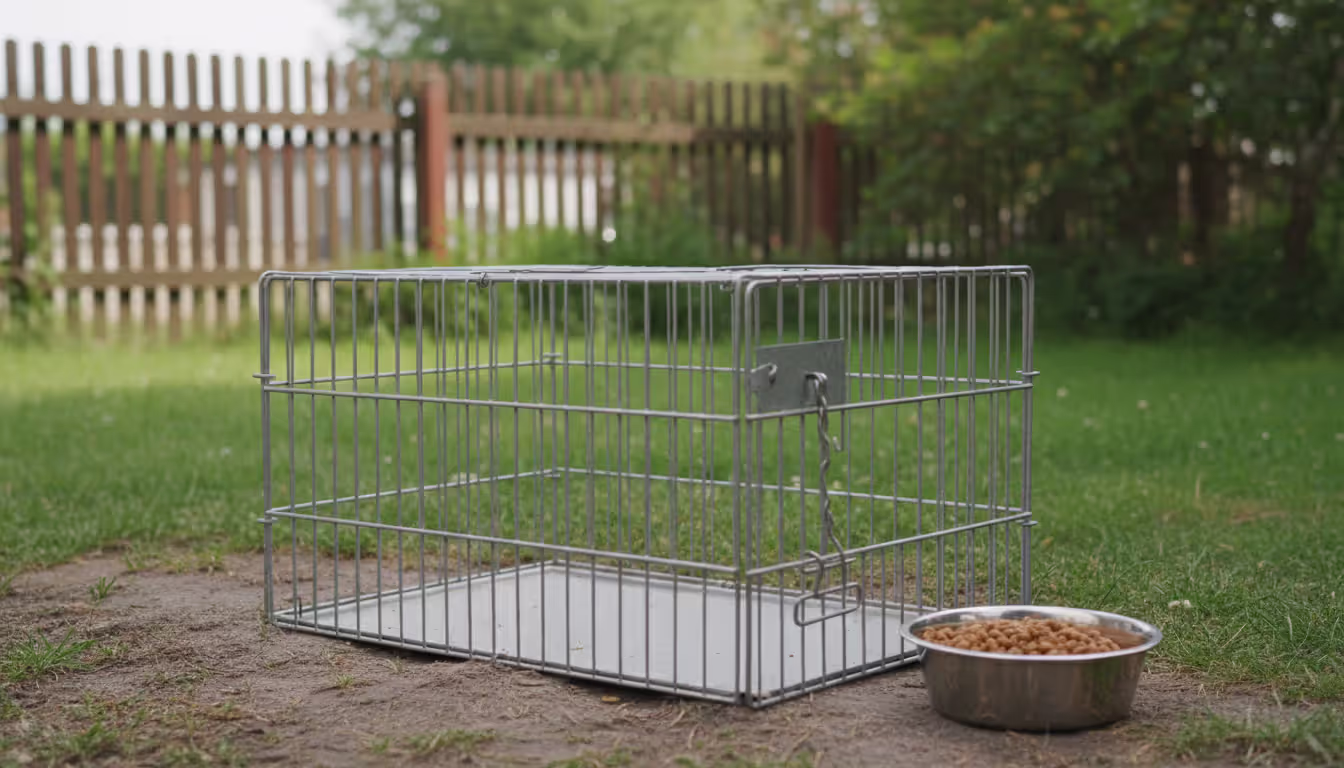 An open humane live cage trap set up on a residential lawn with a food bowl inside as bait near a backyard fence