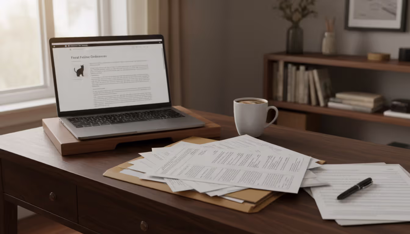 A home office desk with an open document folder, a laptop showing a legal webpage, a pen, and a coffee cup representing research into local feral cat laws