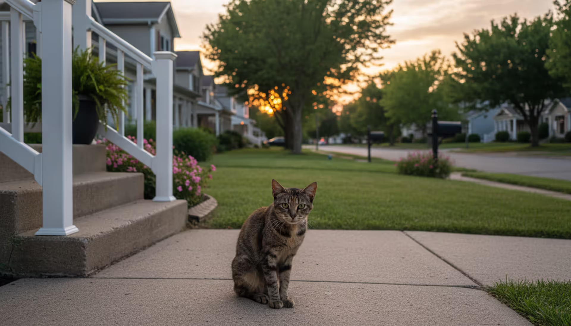 A wary feral cat sitting on a sidewalk near a residential porch in an American suburban neighborhood during evening light