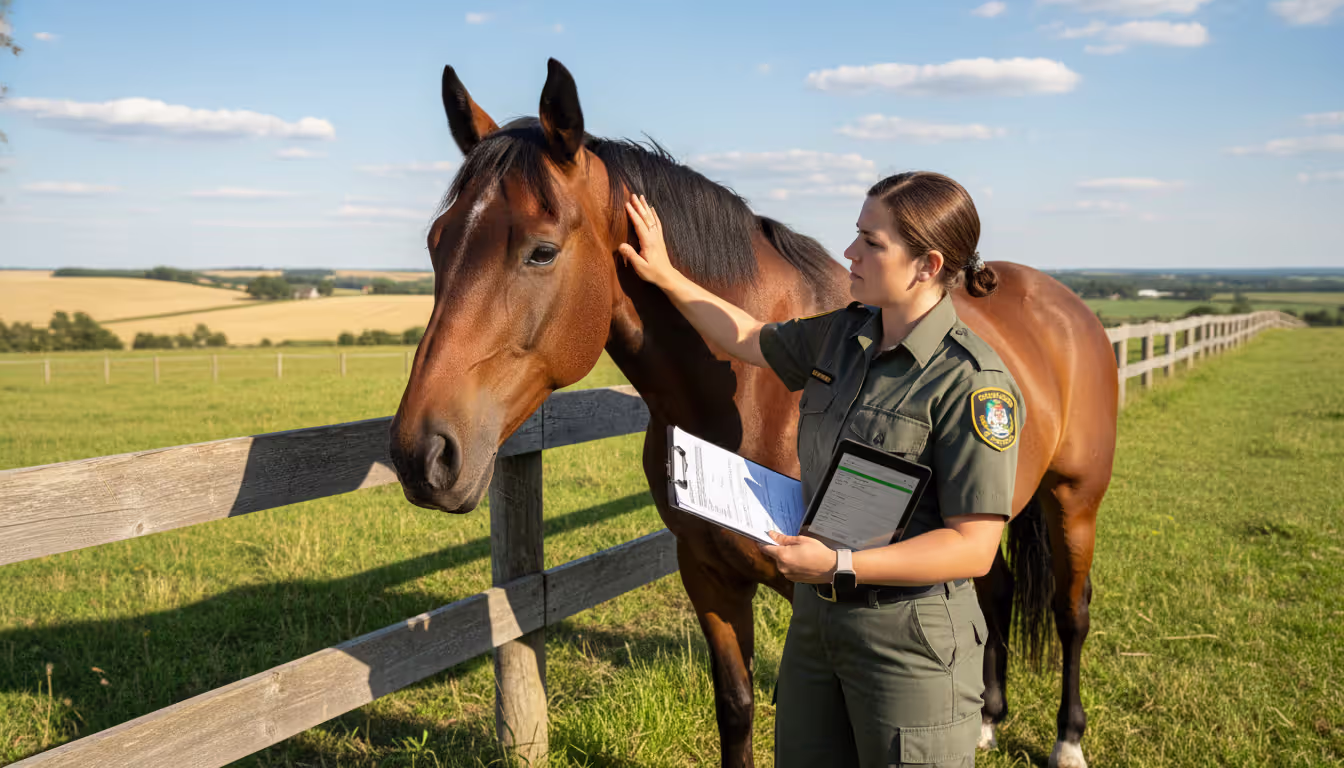 Animal control officer in uniform inspecting a horse on a farm while holding a clipboard on a sunny day in a rural setting