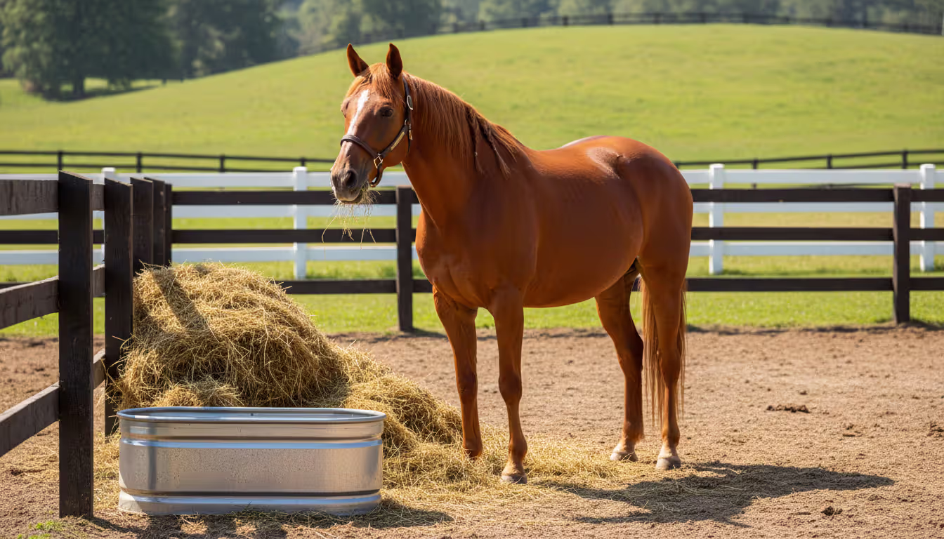 Healthy rehabilitated horse standing in a clean well-maintained rescue facility paddock with fresh hay green pasture and proper fencing