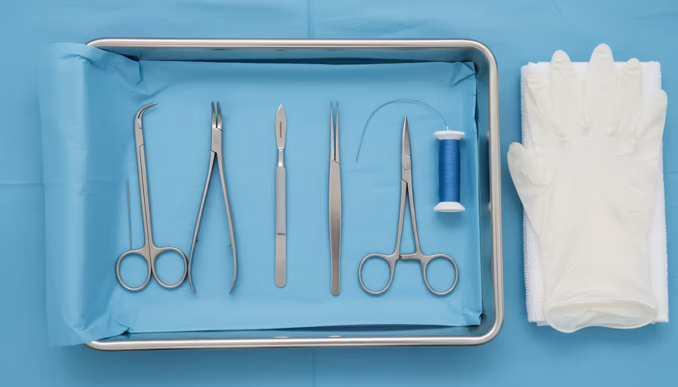 Top-down view of a sterile veterinary surgical tray with neatly arranged instruments including a scalpel, clamps, scissors, and suture material on blue surgical drape