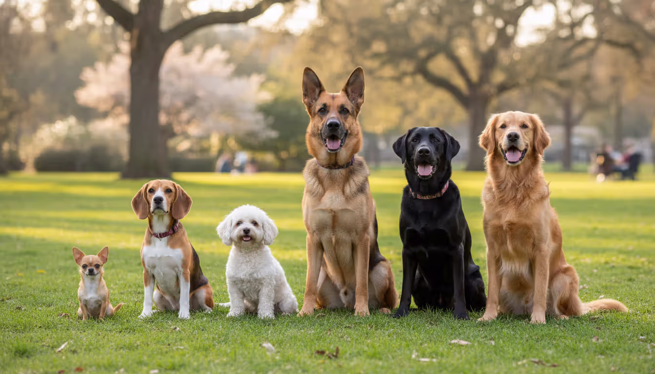 A diverse group of dogs of various breeds and sizes including a Chihuahua, Beagle, German Shepherd, and Labrador sitting together in a row on green grass in a sunny park