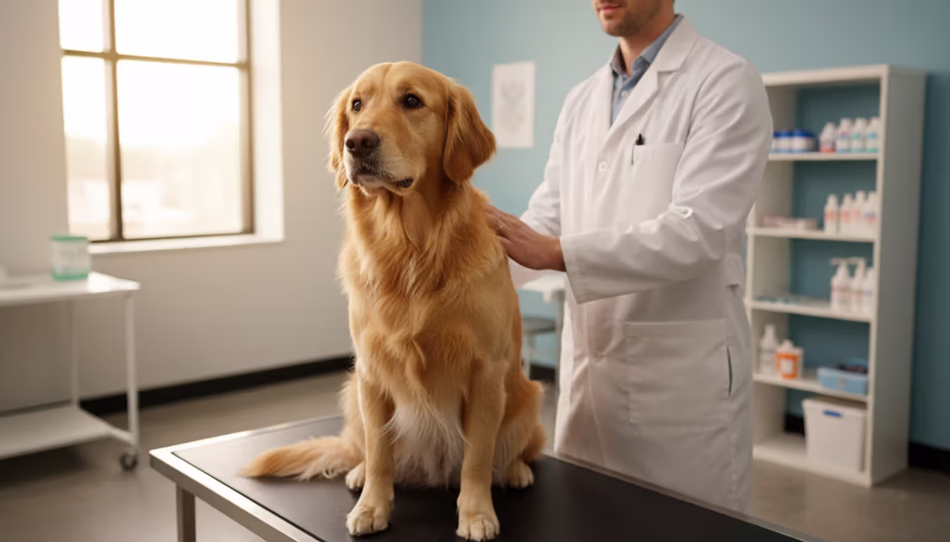 A golden retriever sitting on a veterinary examination table while a veterinarian in a white coat gently places a hand on the dog's back in a bright modern clinic