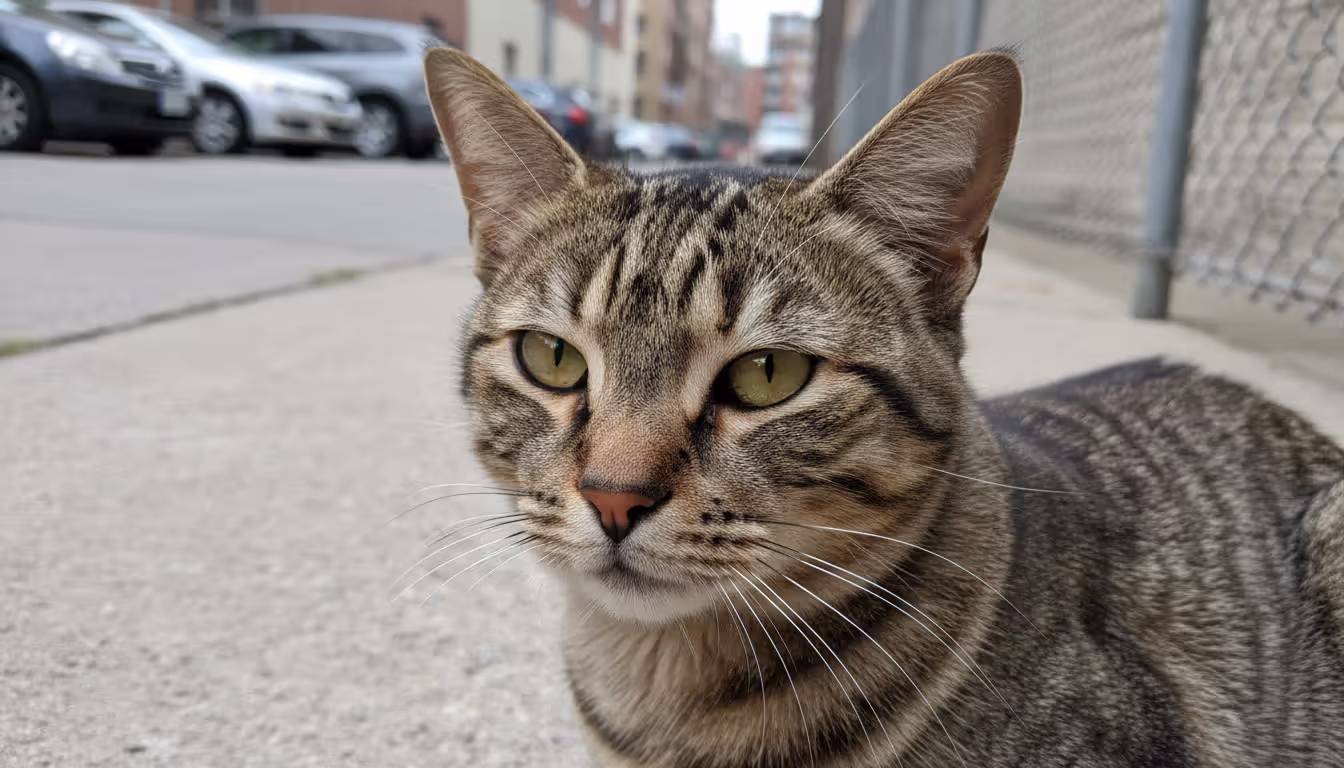 Close-up of a tabby community cat with a clearly visible clipped left ear tip sitting on a concrete surface in an urban setting