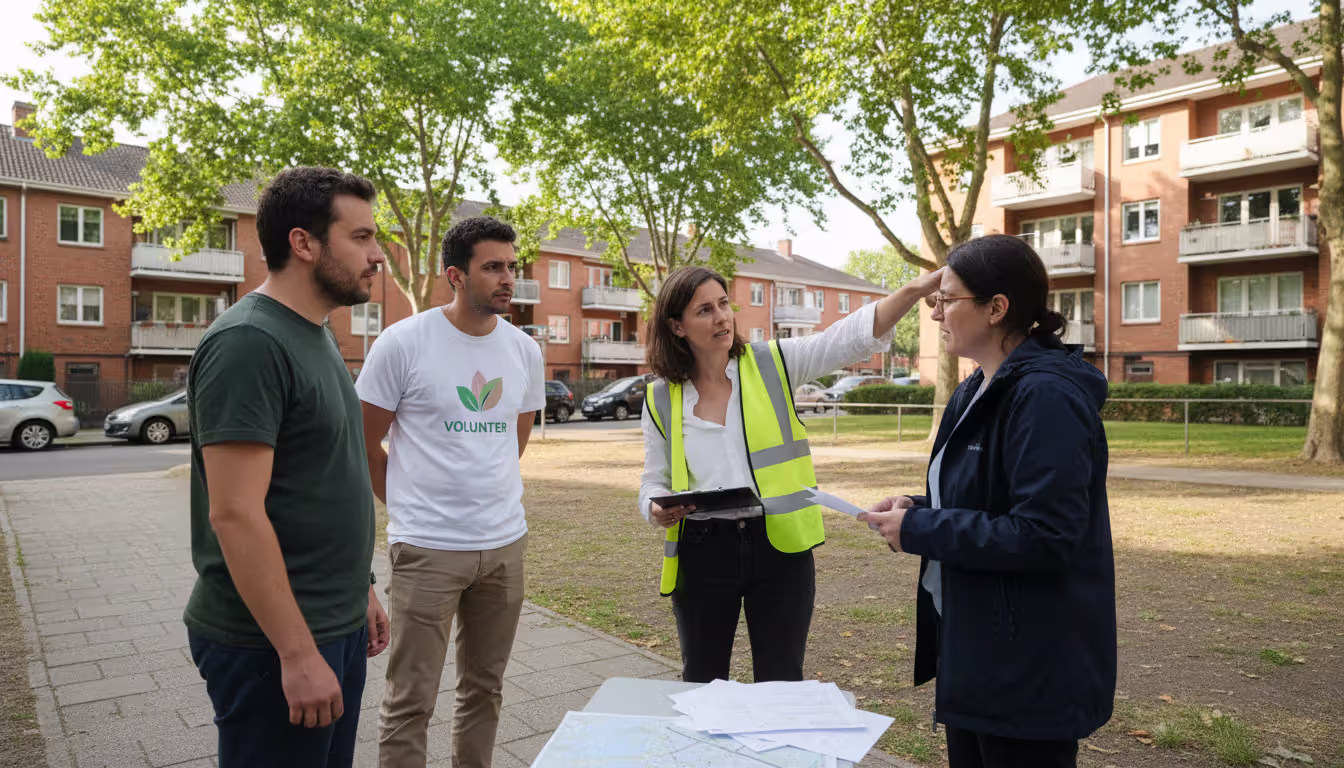 A small group of volunteers and a municipal official discussing a TNR plan outdoors in a residential neighborhood