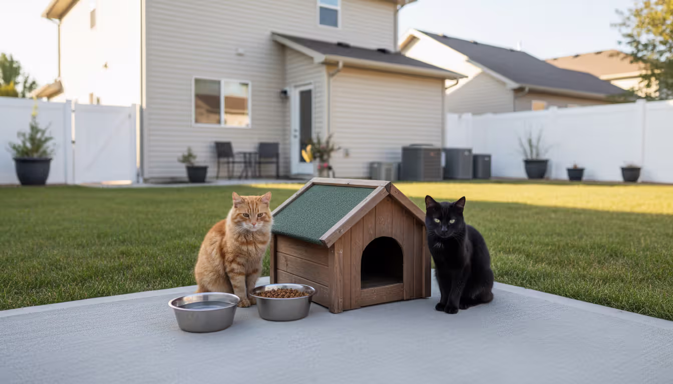 A tidy outdoor feeding station with metal bowls and a small wooden cat shelter, two ear-tipped cats sitting nearby in a clean residential backyard