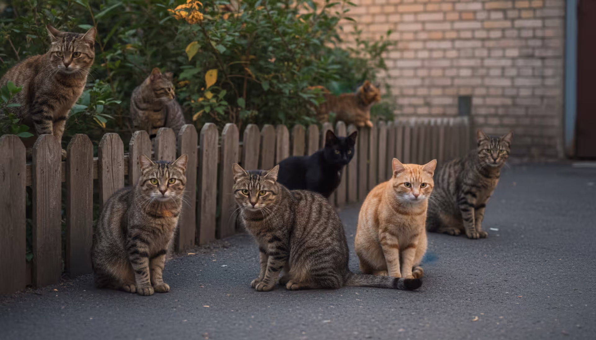 A group of community cats of various colors sitting near a low fence in an urban neighborhood at dusk, some with left ear tips clipped