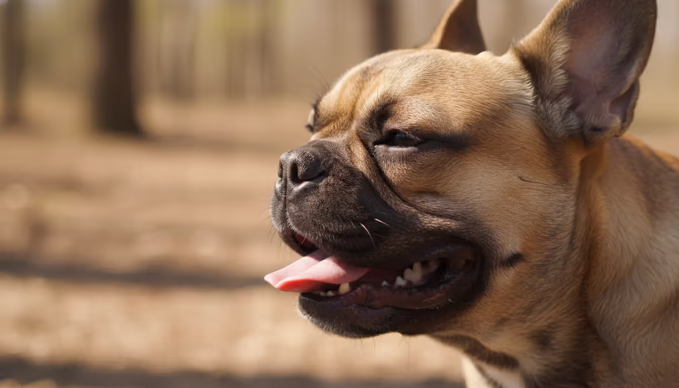 Close-up side profile of a French bulldog with narrowed nostrils and shortened muzzle breathing with open mouth showing brachycephalic respiratory issues