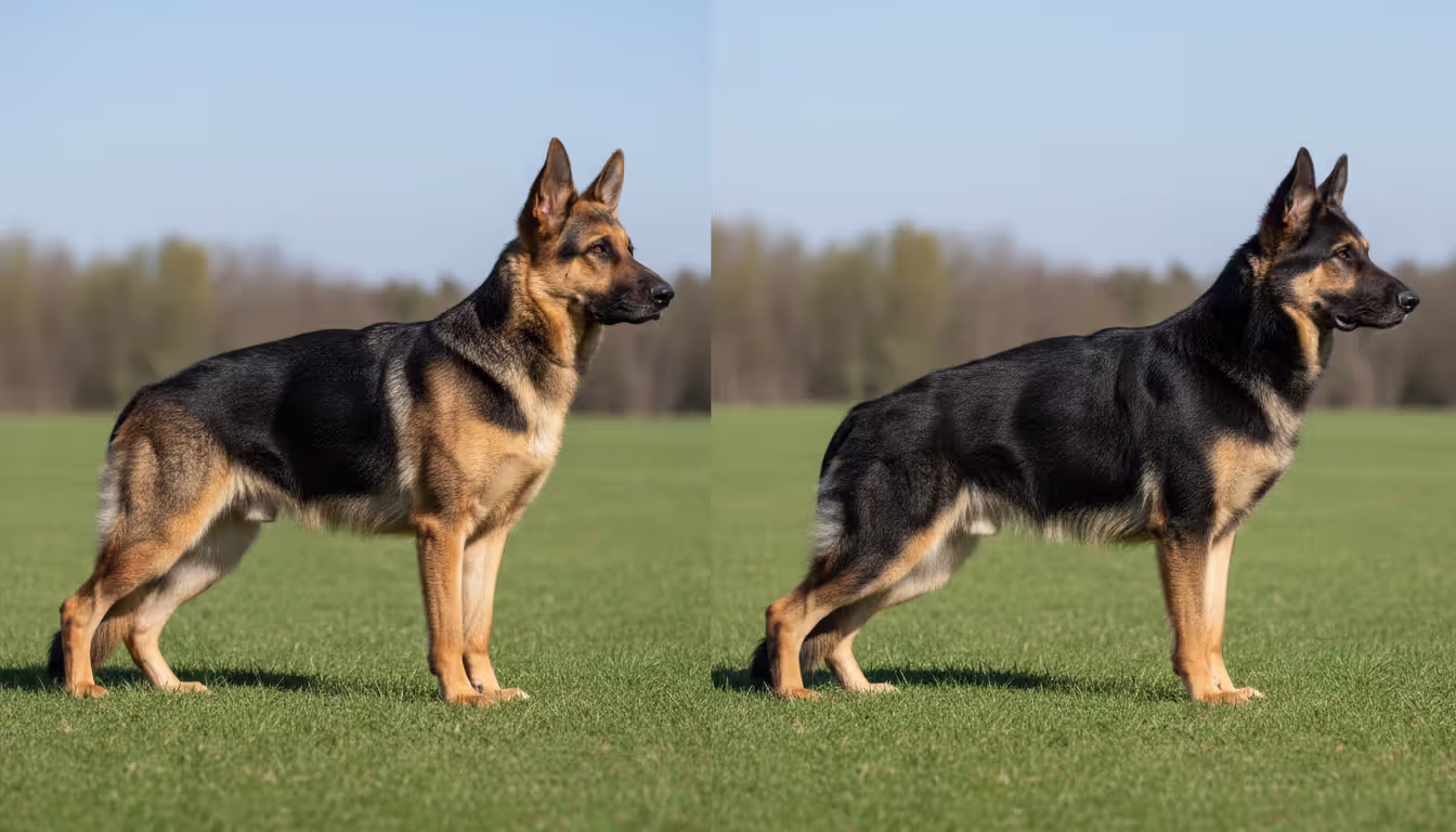 Side-by-side comparison of two German shepherds standing on grass — one working line with straight back and one show line with dramatically sloped back and lowered hocks