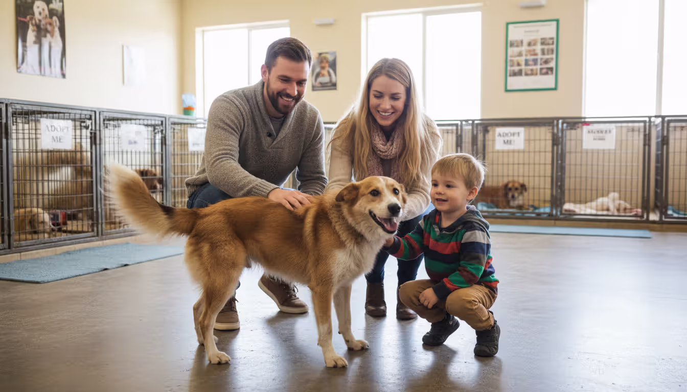 Family with a child petting a happy mixed-breed dog at an animal shelter with other dogs visible in clean kennels in the background