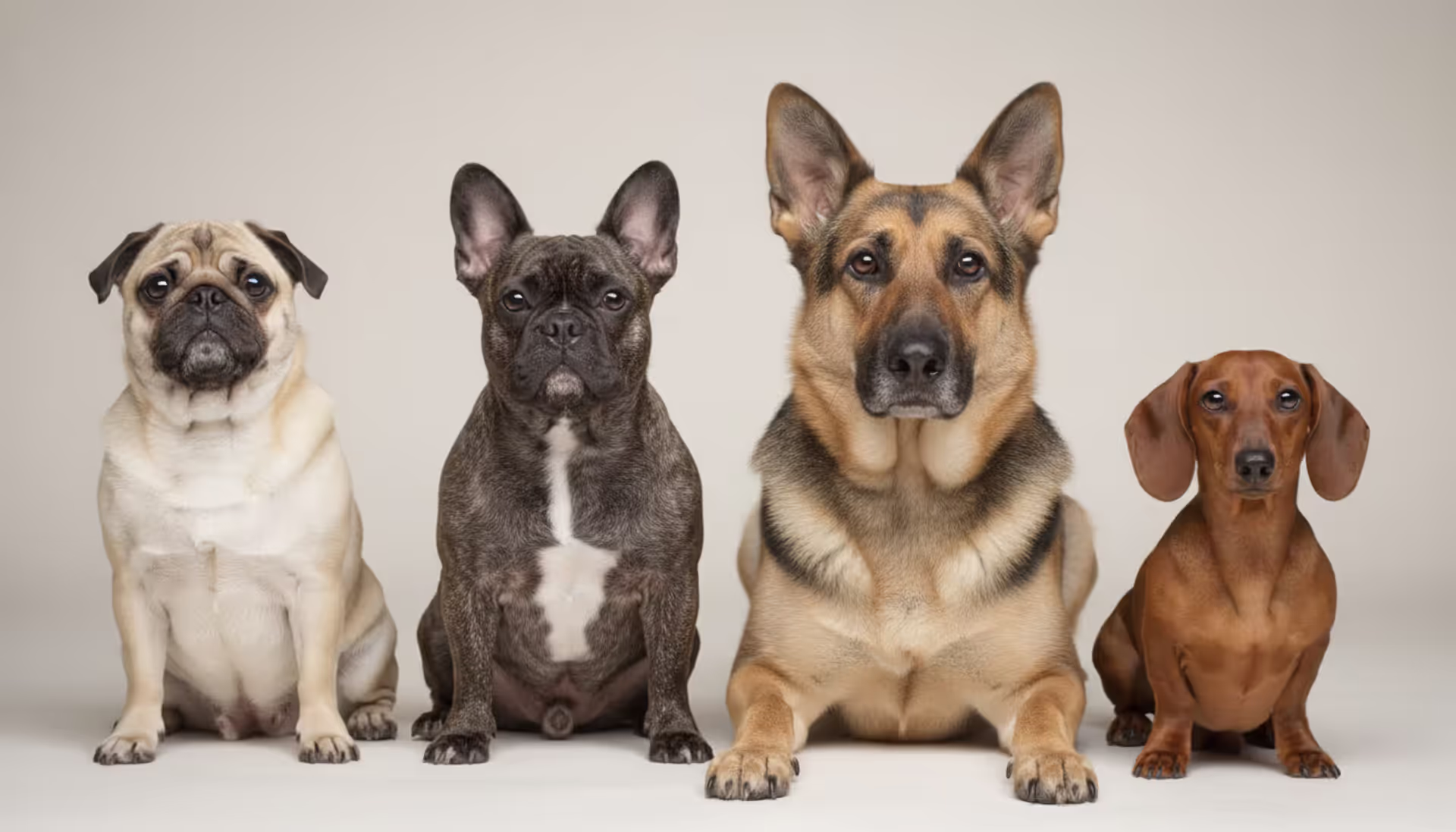 Several dog breeds including pug, French bulldog, German shepherd, and dachshund sitting together on a neutral light background in a studio setting