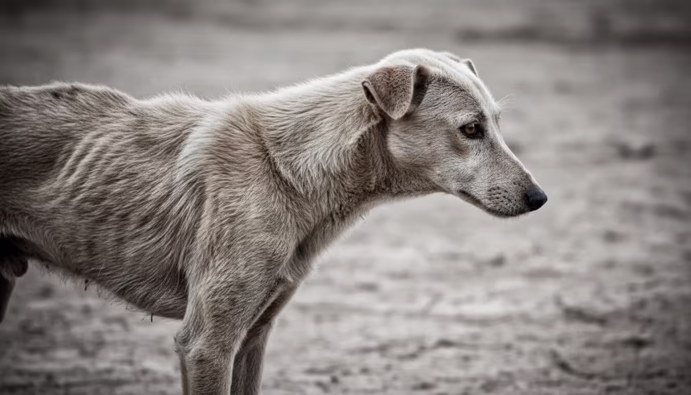 Emaciated light-colored dog standing sideways showing visible ribs and spine with dull fur