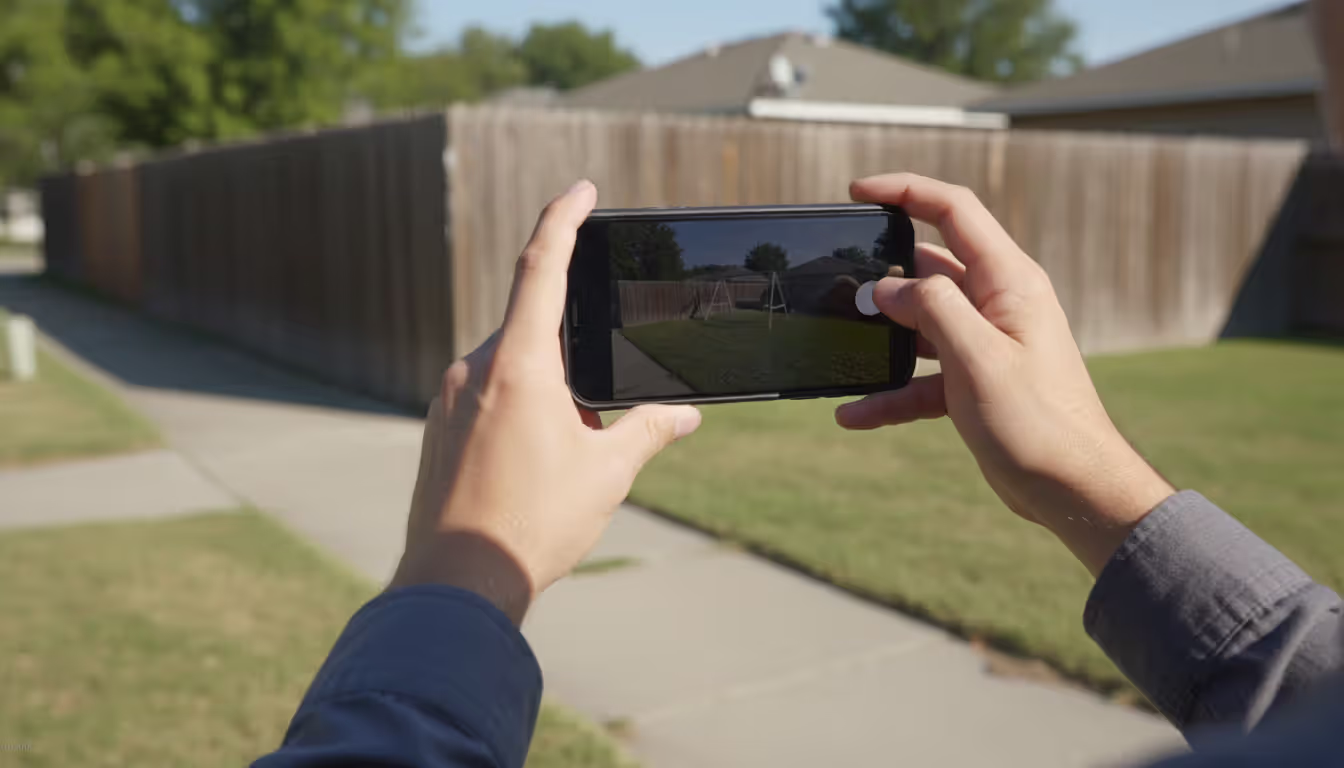 Hands holding smartphone taking photo of a backyard over a fence from a public sidewalk