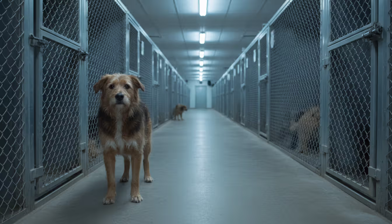 Long animal shelter corridor with metal kennels on both sides and one dog standing at cage door