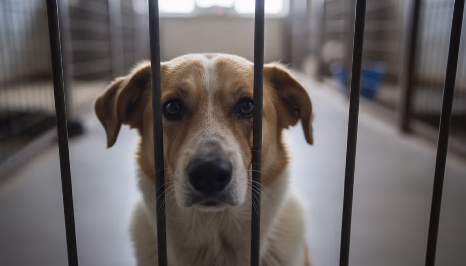 Sad mixed-breed dog looking through metal shelter cage bars with soft natural lighting