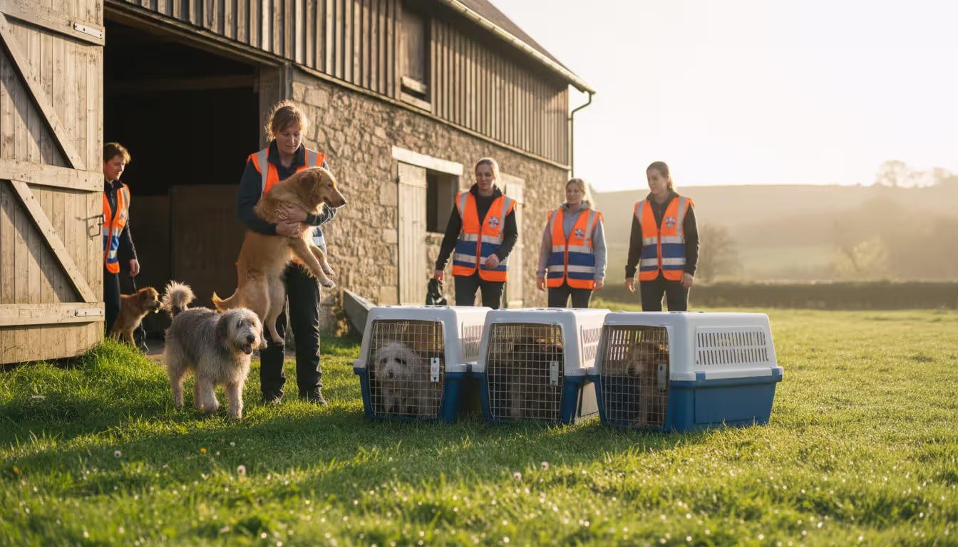 Animal rescue volunteers in branded vests carrying dogs out of a farm building, with dogs in clean transport crates on green grass, hopeful sunny atmosphere