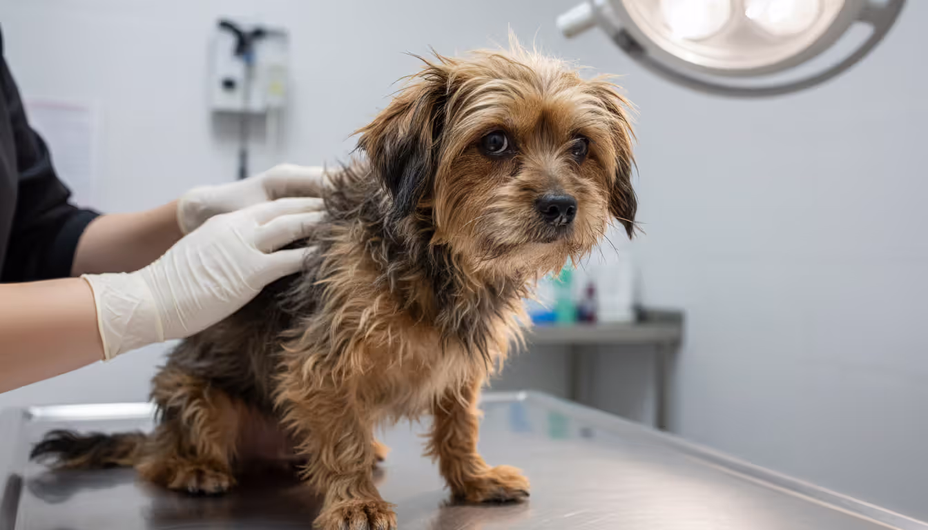 Close-up of a neglected small dog with severely matted fur being examined by gloved veterinary hands on a stainless steel table, showing visible signs of long-term neglect