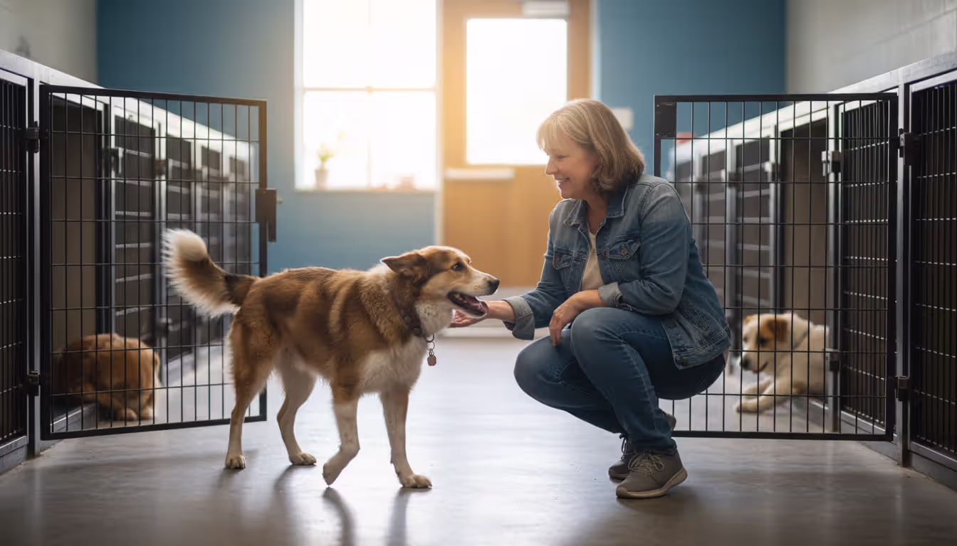 Person kneeling in front of an open shelter kennel as a medium-sized mixed-breed dog walks out wagging its tail, clean shelter corridor with other kennels visible in the background, hopeful atmosphere