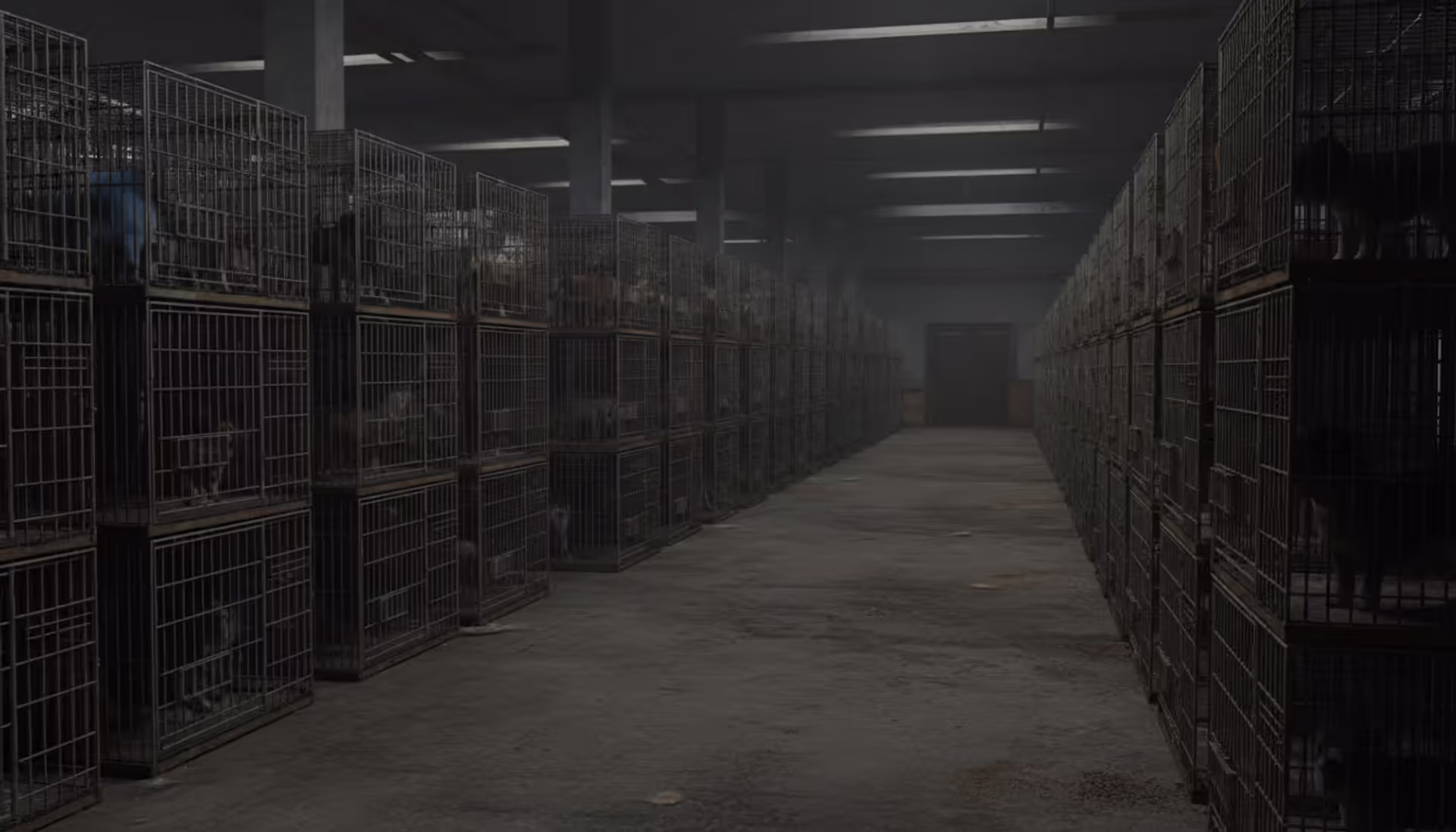 Dark industrial warehouse interior with rows of stacked wire dog cages containing small dogs, dim lighting, concrete floor, depicting a large-scale commercial puppy mill facility
