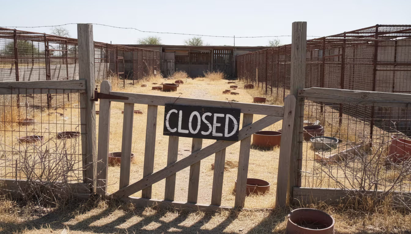 Abandoned roadside zoo entrance with a closed sign on the gate and empty animal enclosures visible behind the fence