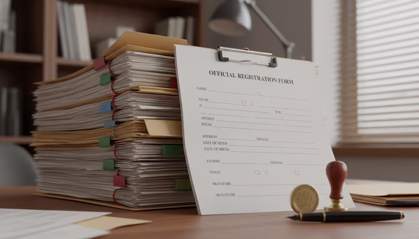 Stack of official wildlife registration documents and folders on a wooden desk with a pen and stamp nearby