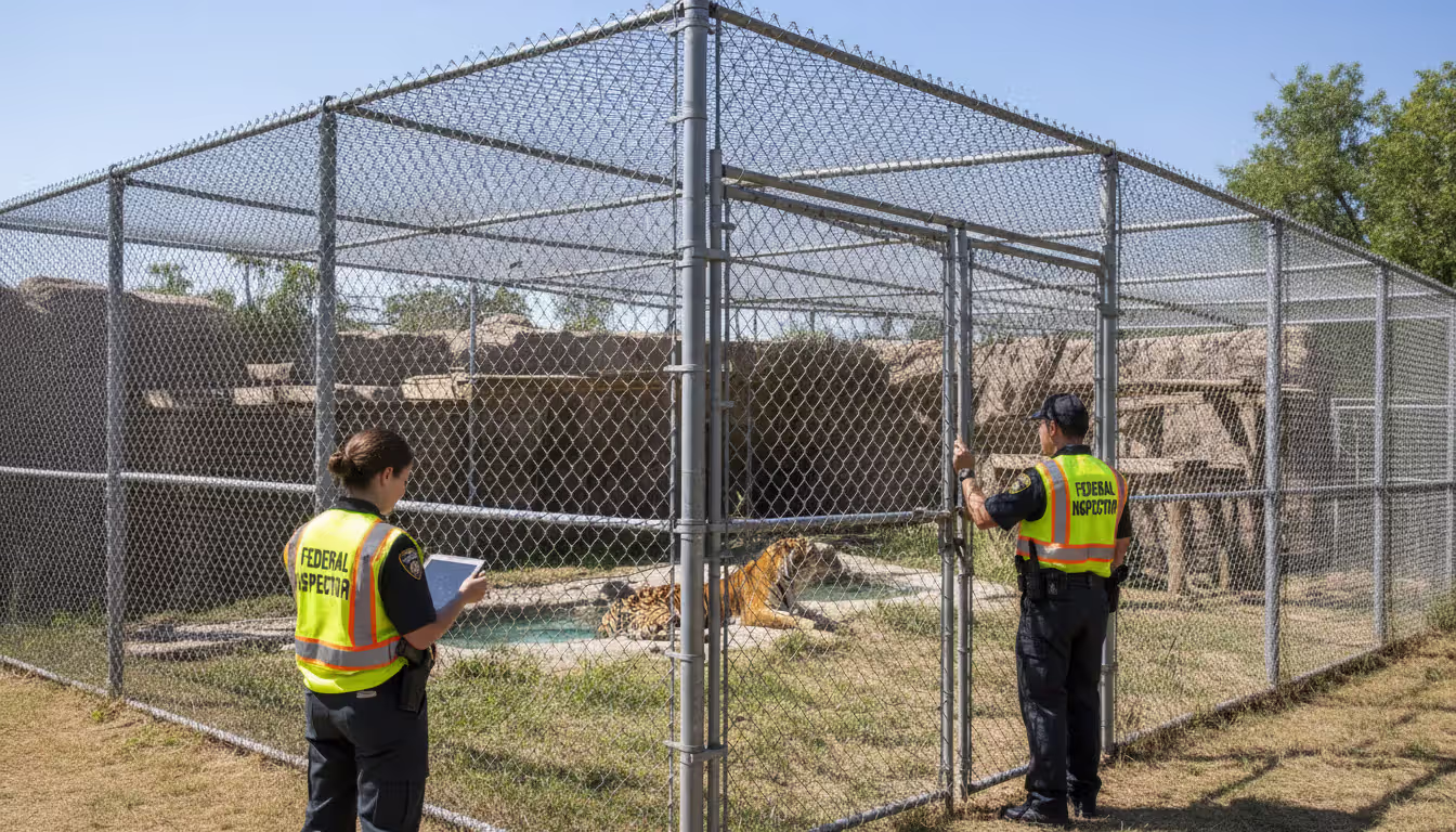 Two federal wildlife inspectors in uniform examining a big cat enclosure and taking notes on a clipboard during a facility inspection