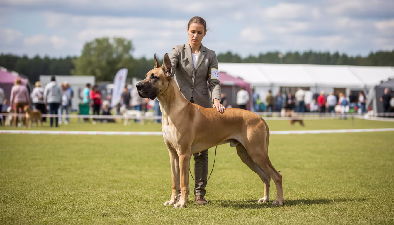 Adult Great Dane with natural uncropped ears standing in a show stance at a dog show ring with a handler nearby