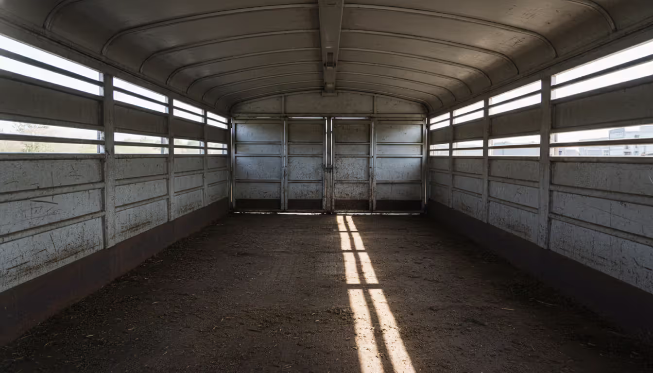 Interior view of an empty double-decker livestock trailer showing low ceiling clearance and worn metal walls