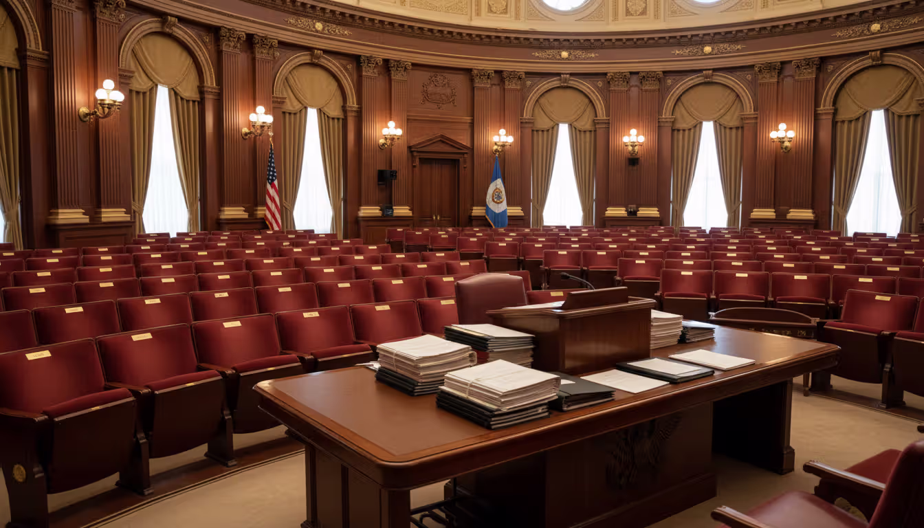 Empty US congressional hearing room with wooden podium, rows of seats, and stacks of documents on the desk