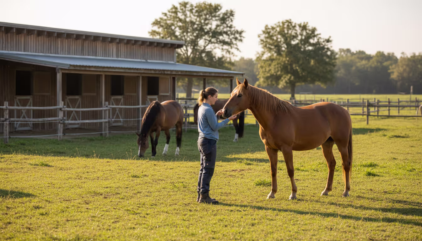 Horse sanctuary with several horses grazing on green pasture, wooden shelters in the background, and a volunteer gently approaching one horse