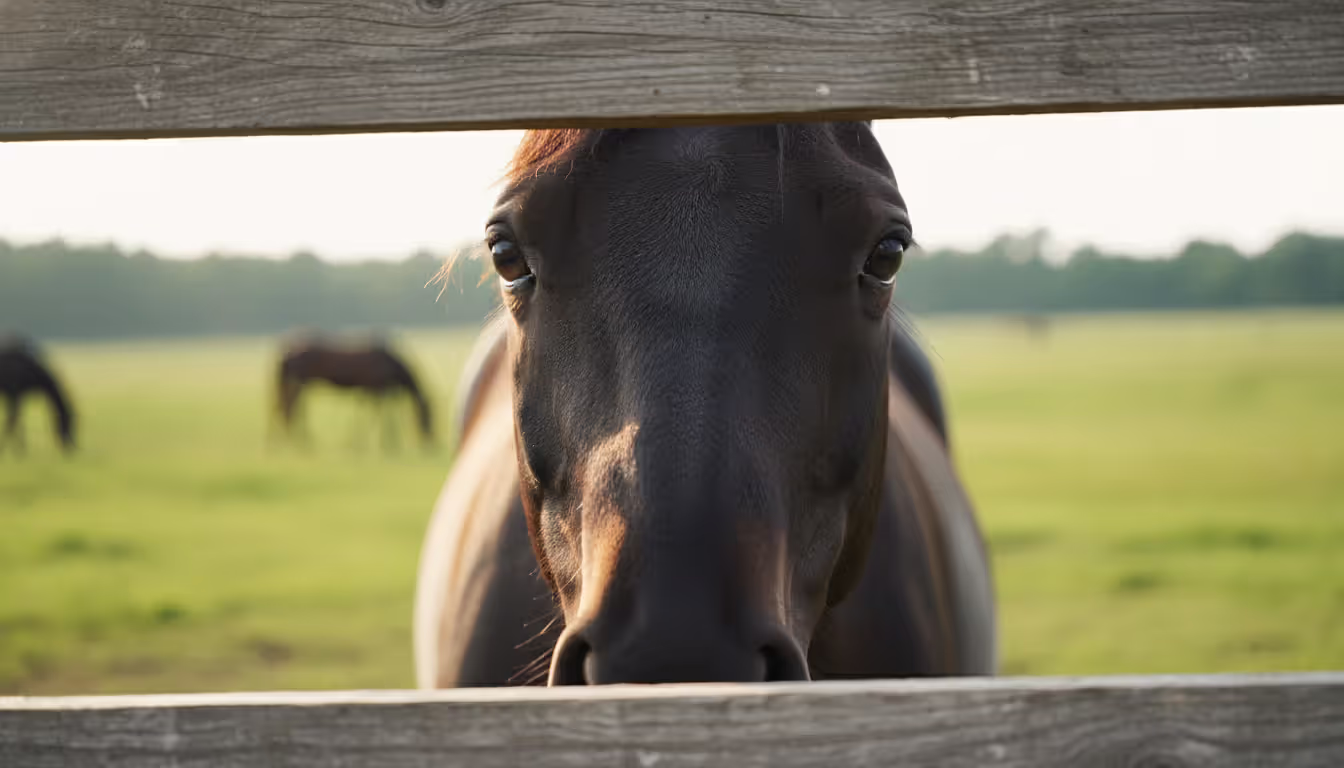 Close-up portrait of a dark horse looking directly at the camera through wooden fence rails with a blurred green pasture background
