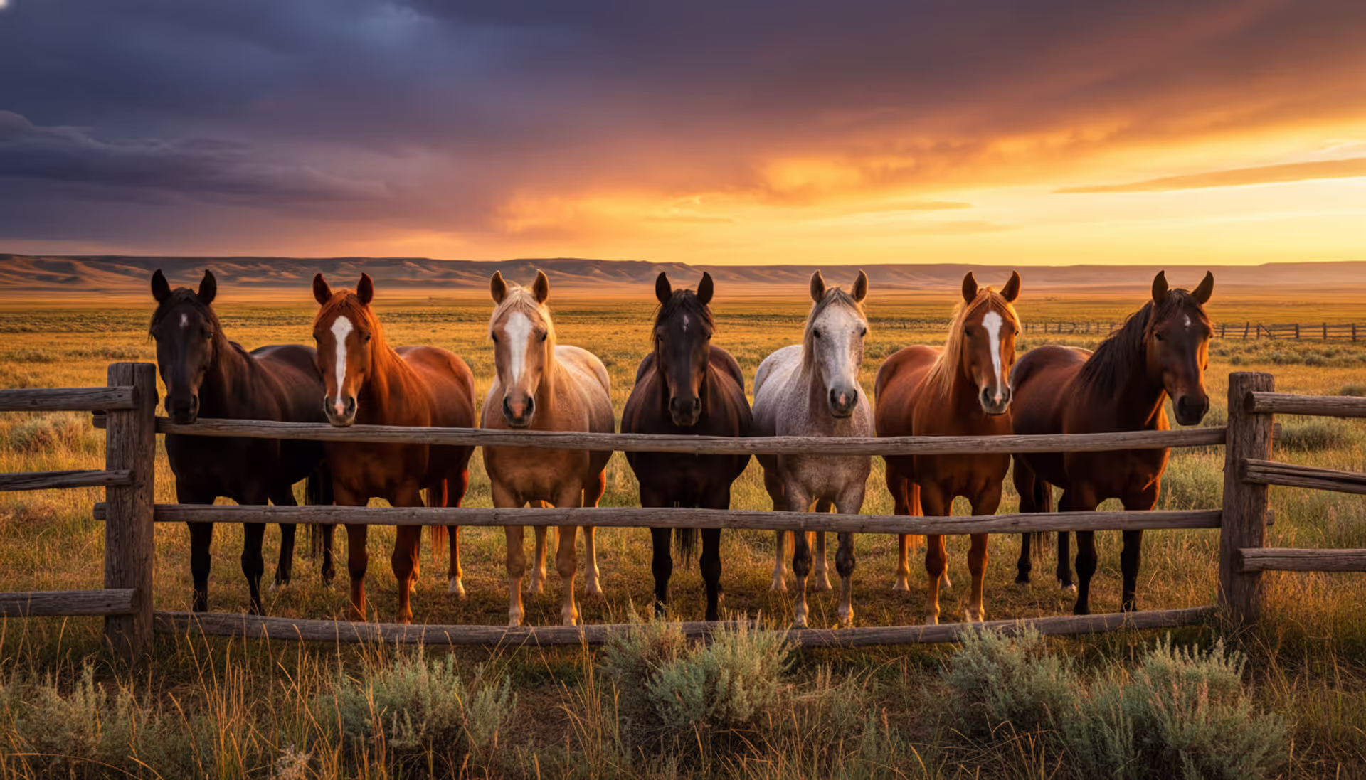 A group of horses of different colors standing behind a wooden corral fence on an American pasture with rolling hills and a sunset sky