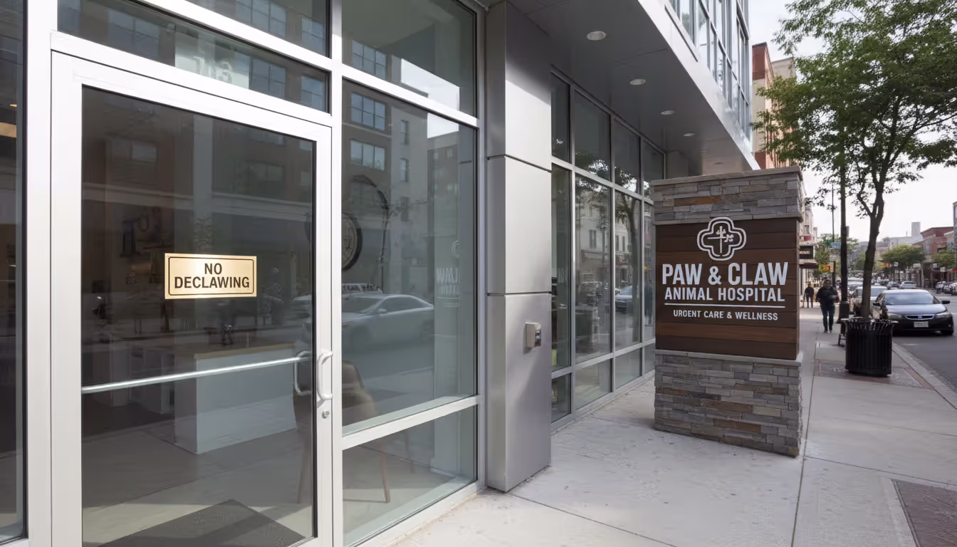 Exterior of a modern US veterinary clinic with a No Declawing sign posted on the glass door during daytime