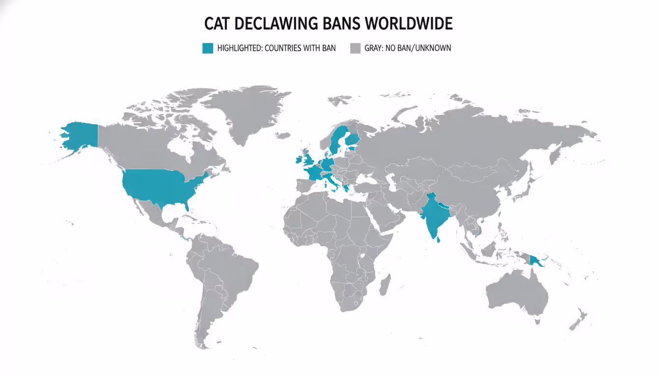 World map infographic highlighting over 40 countries that have banned cat declawing shown in a contrasting color