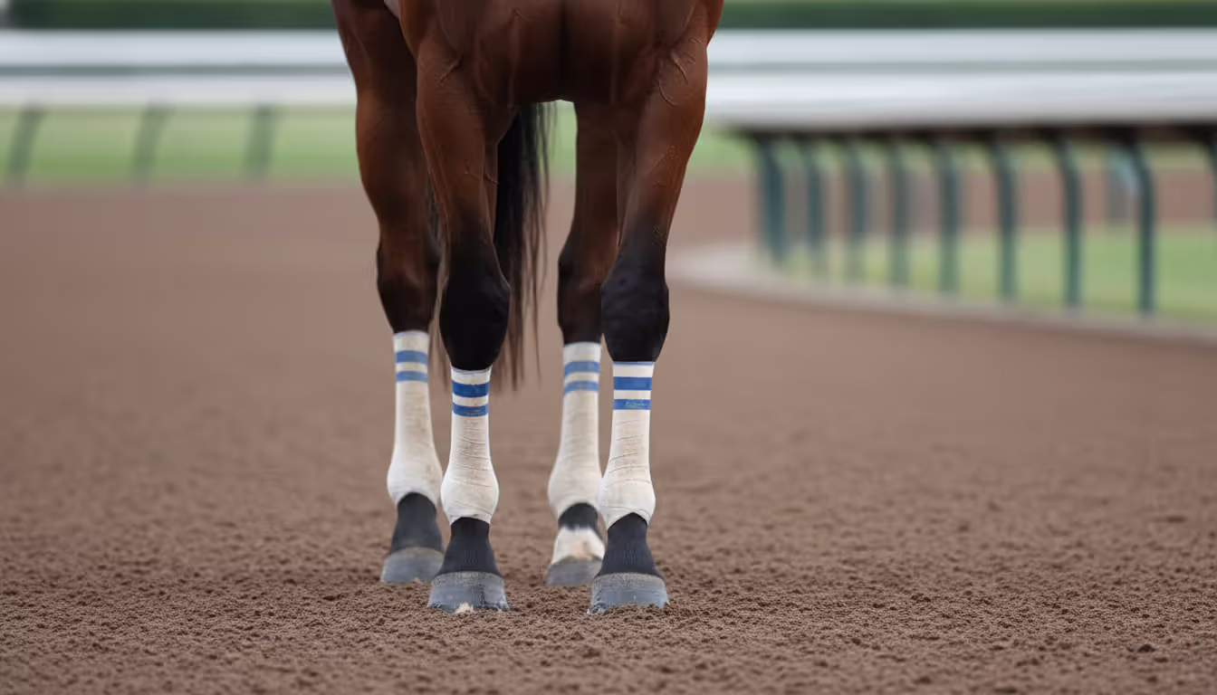 Close-up of a racehorse lower legs wrapped in protective bandages standing on a dirt racetrack surface