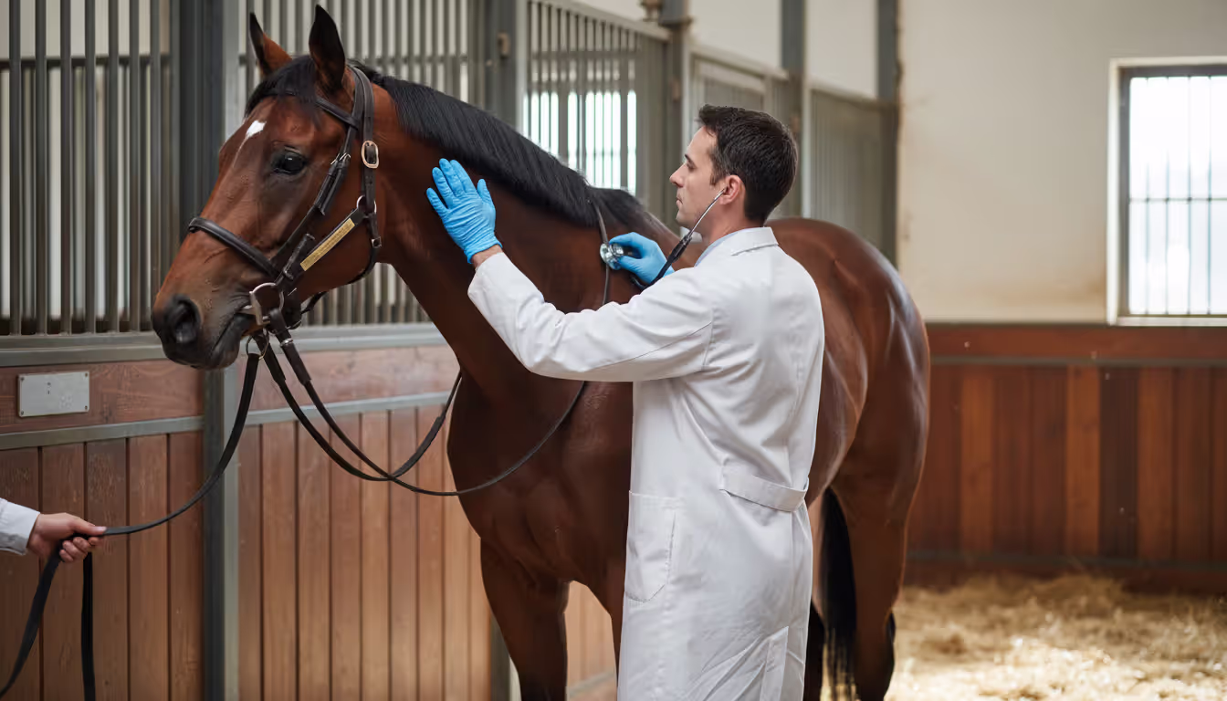 Veterinarian in white coat examining a thoroughbred racehorse with a stethoscope inside a clean stable