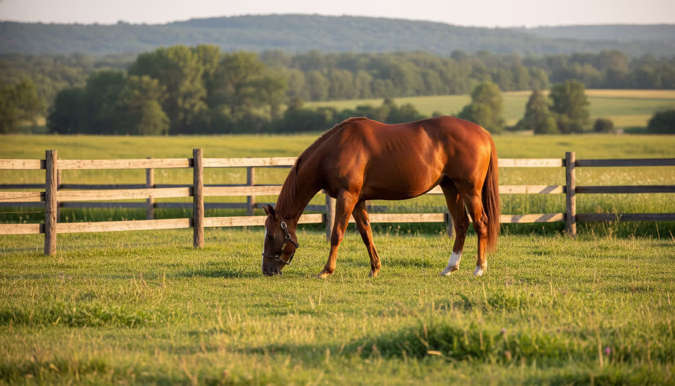 Retired bay thoroughbred horse peacefully grazing on a green pasture behind a wooden fence with rural landscape in background
