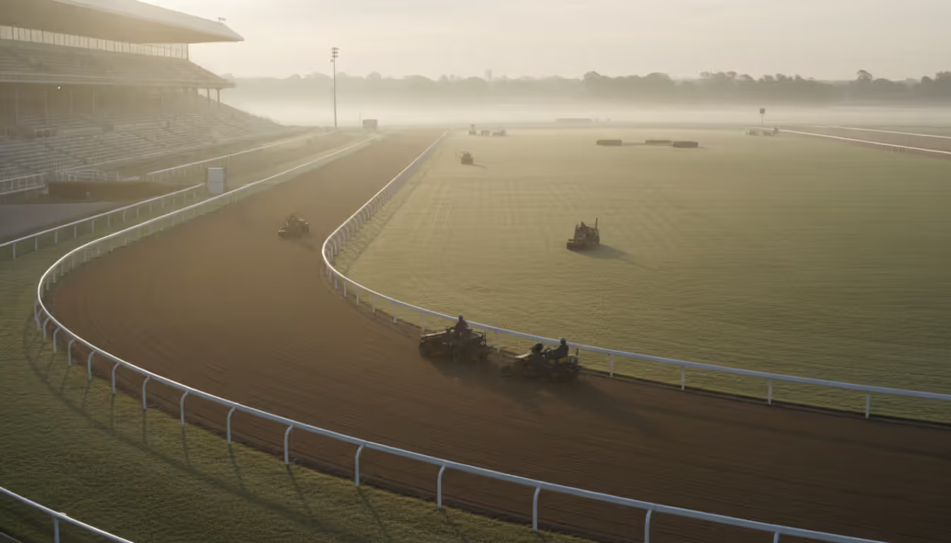 Wide view of an empty horse racetrack at dawn with maintenance crew grooming the dirt surface white rails and empty grandstands