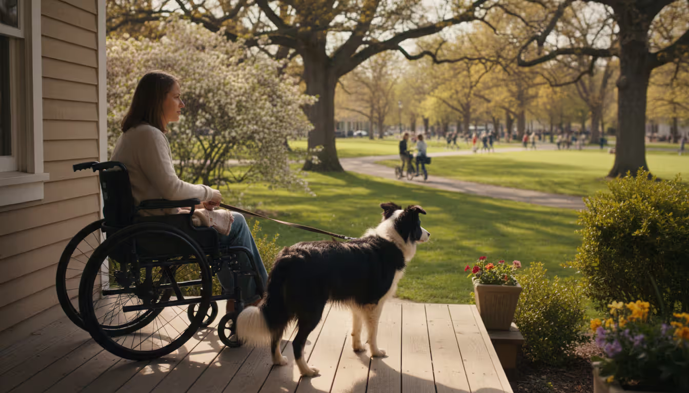Woman in a wheelchair on a porch holding a leash of an energetic border collie looking toward a park
