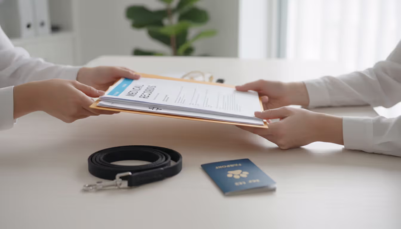 Close-up of two pairs of hands exchanging paperwork and a veterinary health record folder with a dog leash on the table