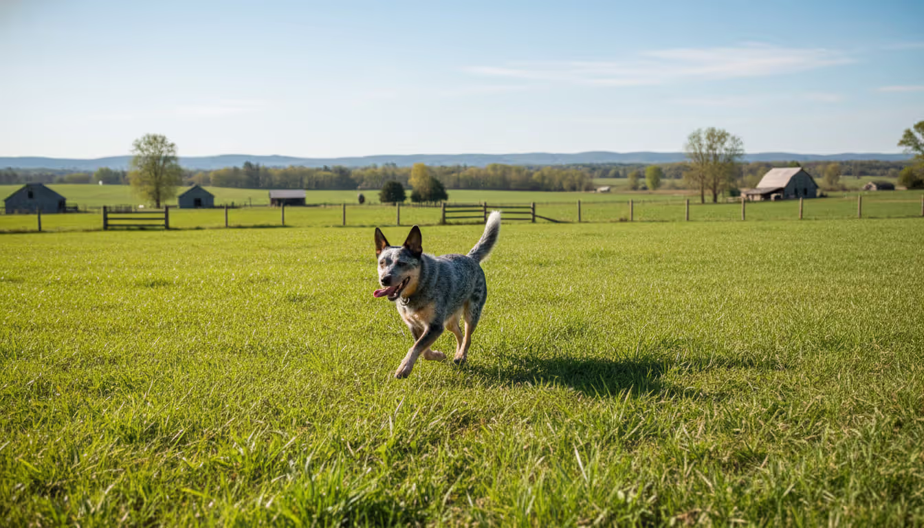 Happy Australian cattle dog running across a spacious green field on a farm with a wooden fence in the background on a sunny day
