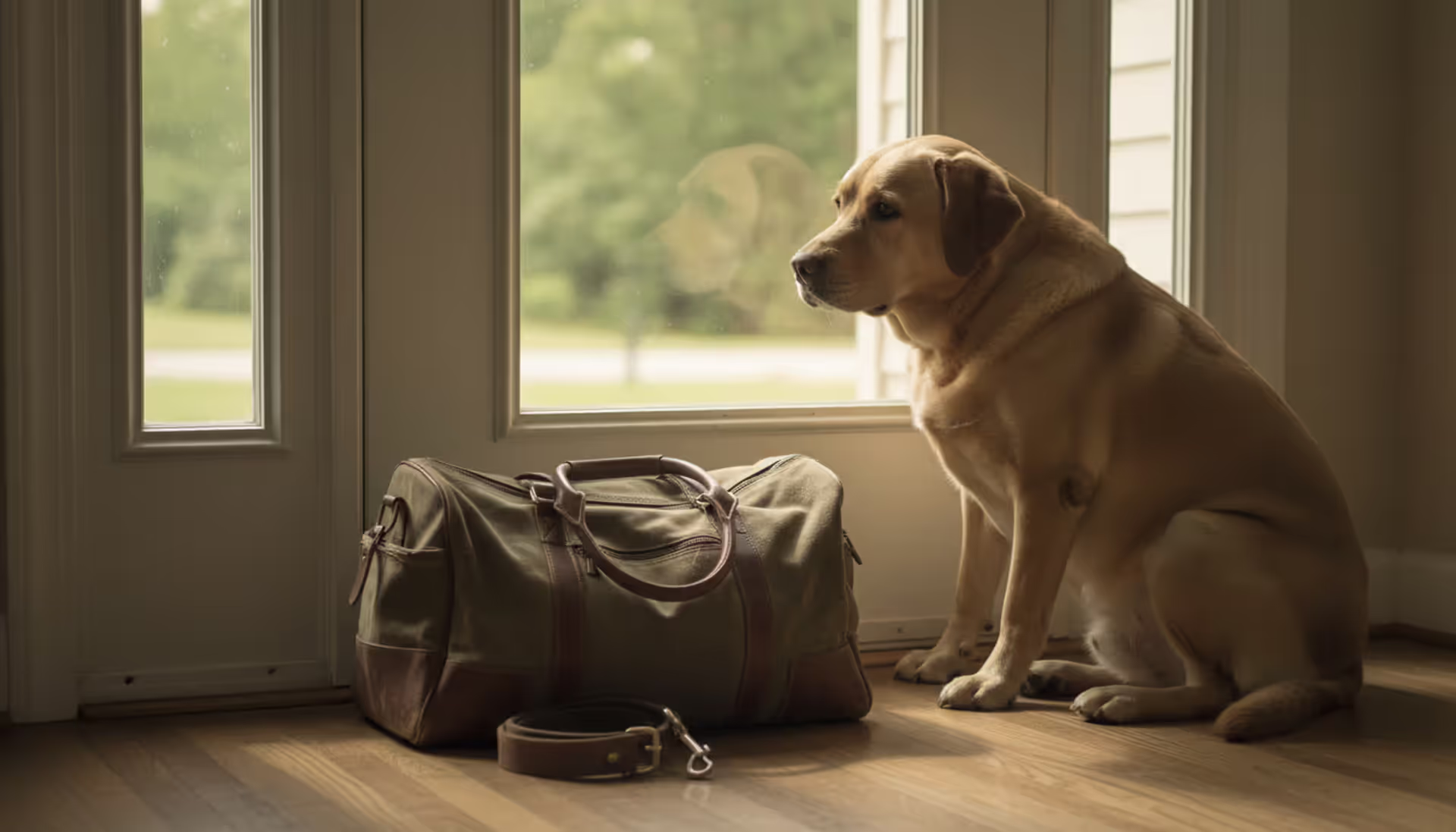 Sad Labrador retriever sitting by a front door next to a packed bag and leash in soft natural daylight